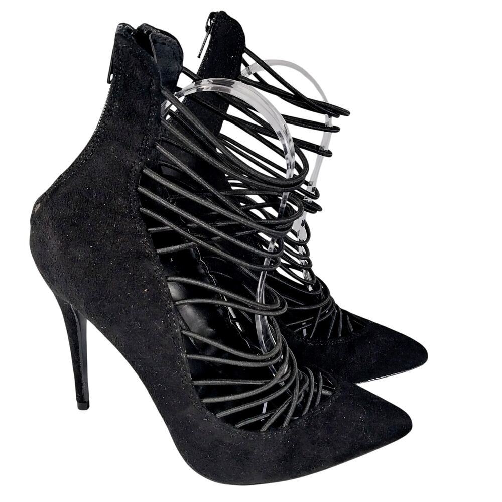 NWOT!JACOBIES! BLACK VEGAN SUEDE MICROFIBER LADDER STRAPPED ANKLE BOOTS! SZ 7.5M